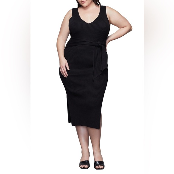 Good American Women’s Rib Knit Tie Waist Side Slit Midi Dress Black Size M (2) - Picture 4 of 16